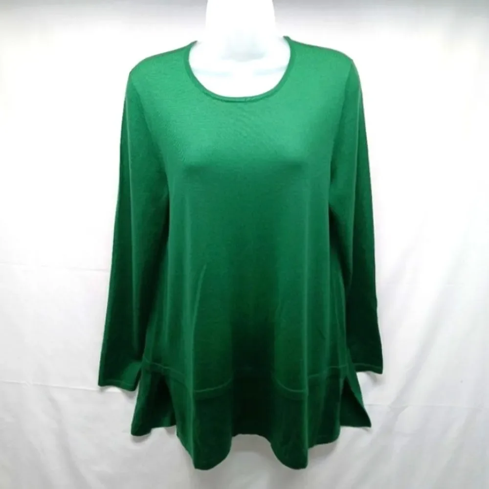 J. Jill Merino Wool Washable Tunic Sweater Green Side Slits Scoop Neck XS Womans - Picture 1 of 10
